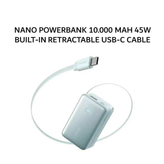 ANKER NANO POWERBANK 10.000 MAH 45W BUILT-IN RETRACTABLE USB-C CABLE A1638 - GREEN