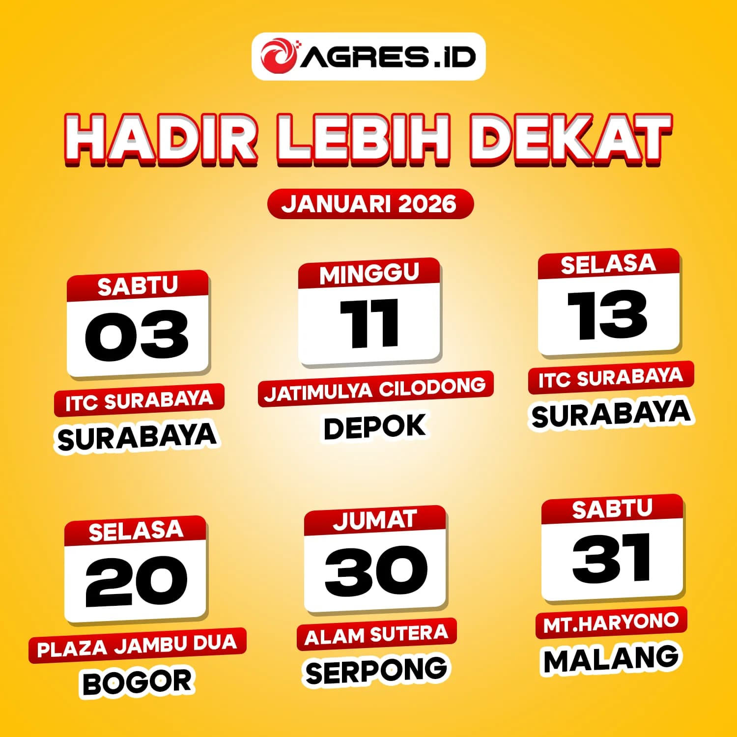 AgresID - Hadir lebih dekat di kota Anda, Bogor, Surabaya, Depok, Serpong, Malang